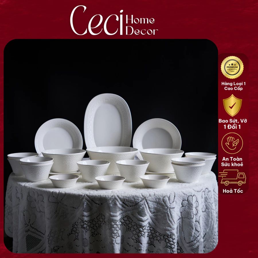 Bộ Bát Đĩa Sứ Xương Vân Mây Cao Cấp Ceci
